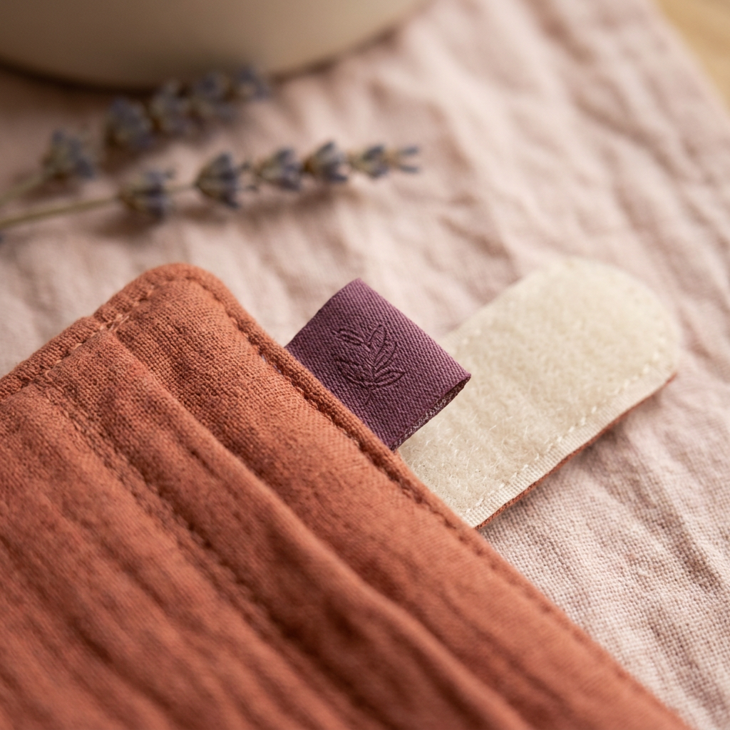 Détail couture et étiquette tissée prune